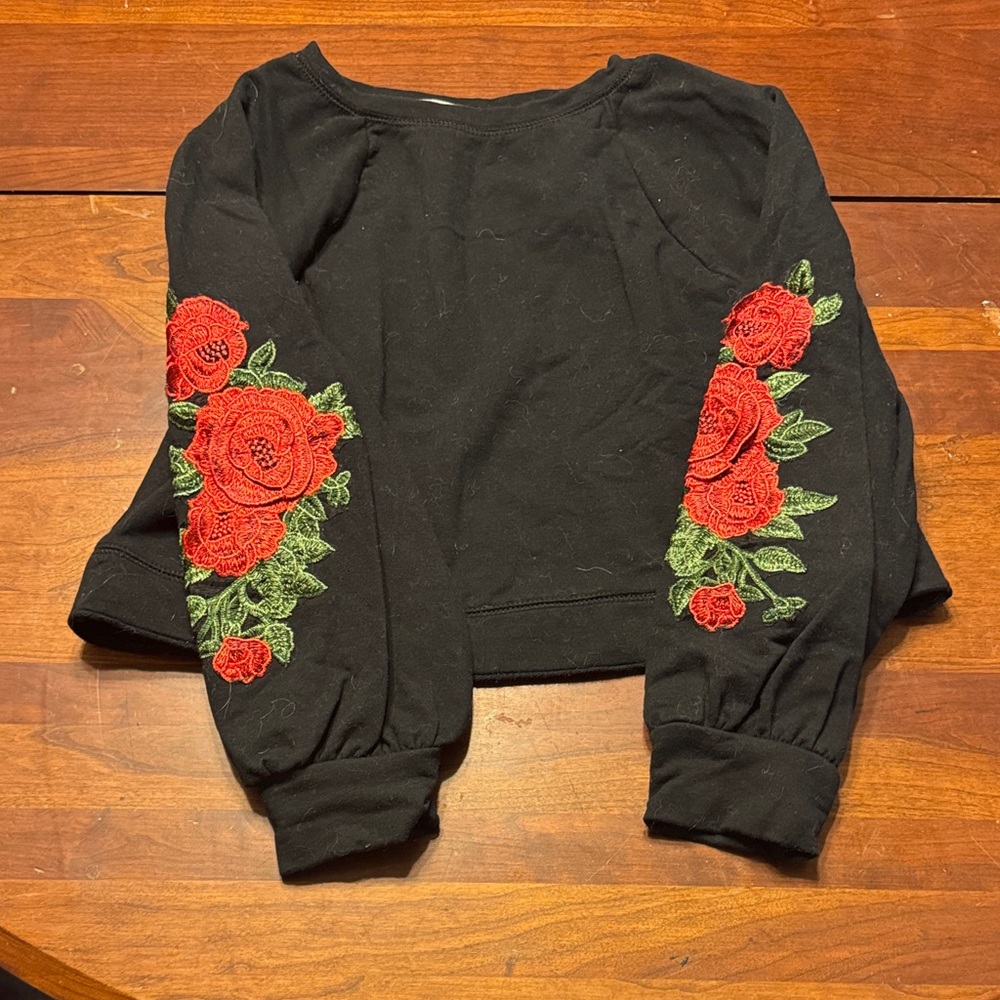 Blue Rain Black Top with Red Floral Design